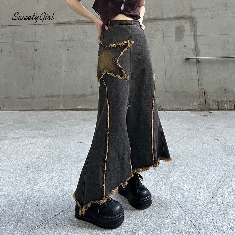 Chân Váy Maxi Denim Lưng Thấp Phối Màu Tương Phản Thời Trang 2022 Cho Nữ