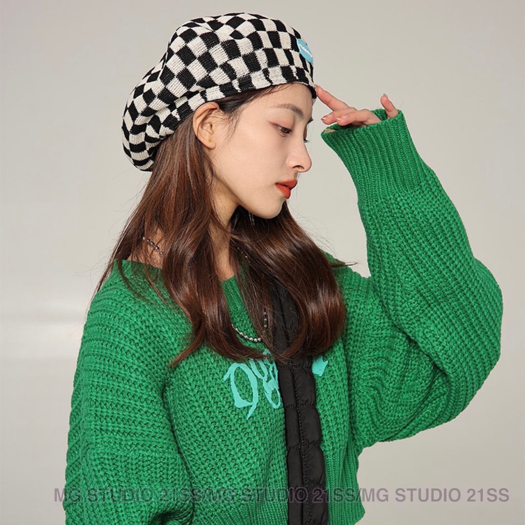 Mũ beret MG STUDIO cotton họa tiết sọc ca rô thời trang