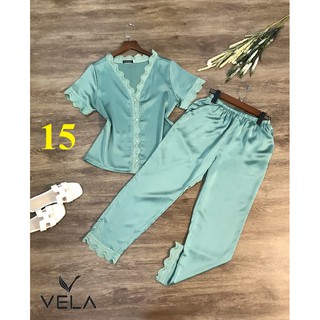 Bộ đồ ngủ quần dài phối Ren Cổ Tim lụa Satin VELA