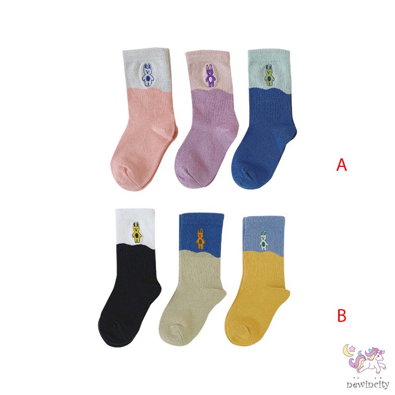 Set 3 Đôi Vớ Thêu Họa Tiết Hoạt Hình Nhiều Màu Sắc Phong Cách Hàn Quốc Cho Bé