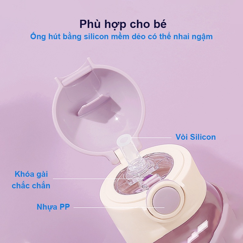 Bình Nước Nhựa 620ml Mô hình hoạt hình dễ thương với dây đeo có thể điều chỉnh và ngăn đựng cốc hình gấu+ Sticker 2D&3D