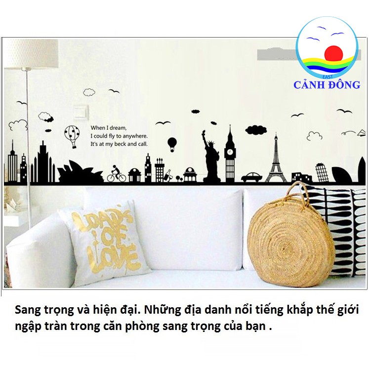 Decal dán tường địa điểm du lịch thế giới đen trắng