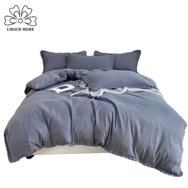 Bộ Chăn Ga Gối Cotton Tici Bèo Lidaco Cao Cấp - Xám Đậm