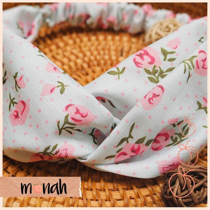 Combo dây buộc tóc, cột tóc scrunchie và turban băng đô nữ hoa hồng nền xanh trang nhã lụa vân tre.