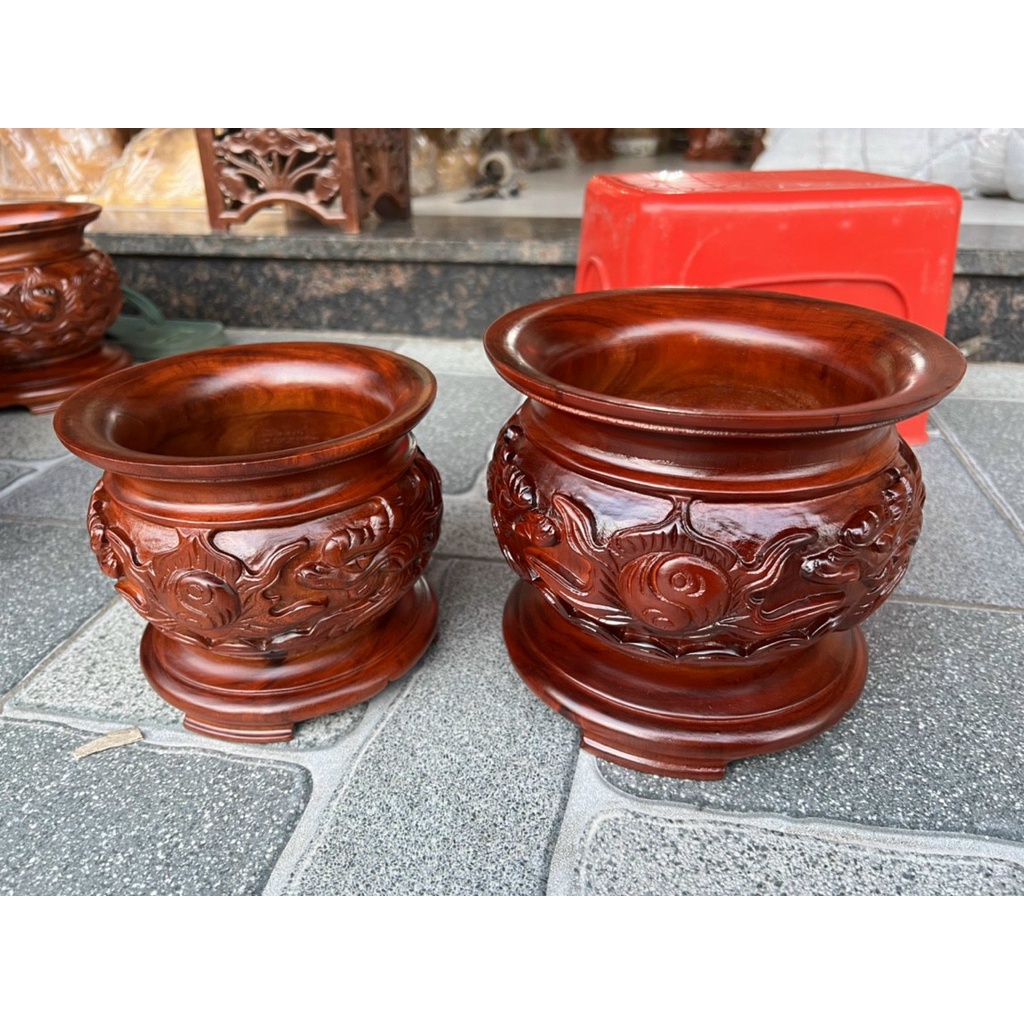 Bát nhang - lư hương gỗ tràm nguyên khối chạm rồng ngang 15cm - 18cm - 20cm
