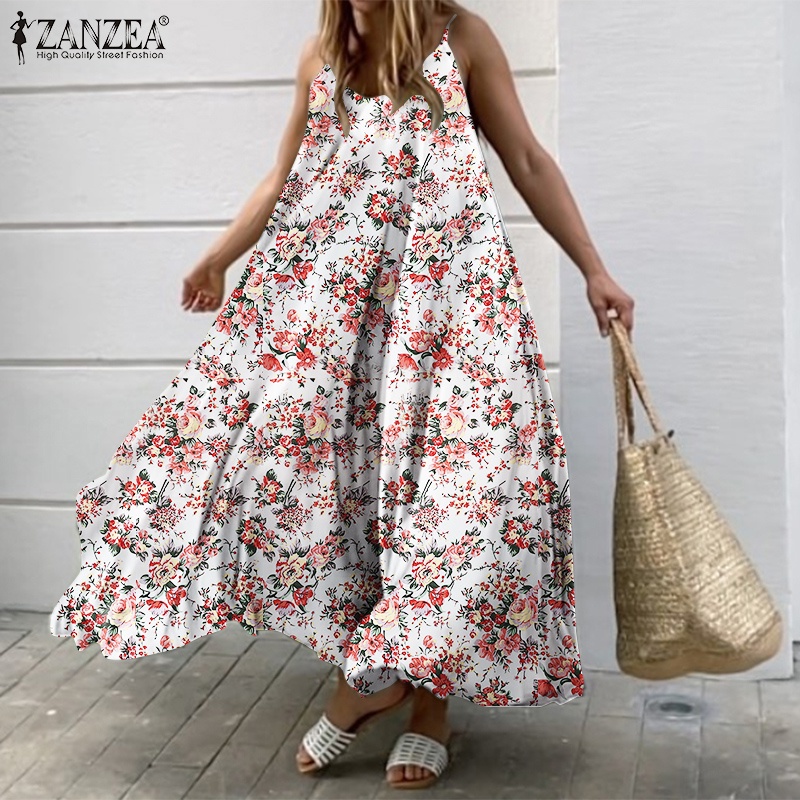 Đầm maxi Zanzea cổ chữ v in họa tiết hoa phong cách bohemian châu âu thời trang thích hợp cho nữ