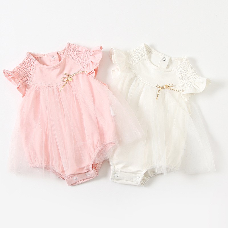 Áo Liền Quần Tay Ngắn Bằng Cotton In Hoa Dành Cho Bé Gái Sơ Sinh 0884