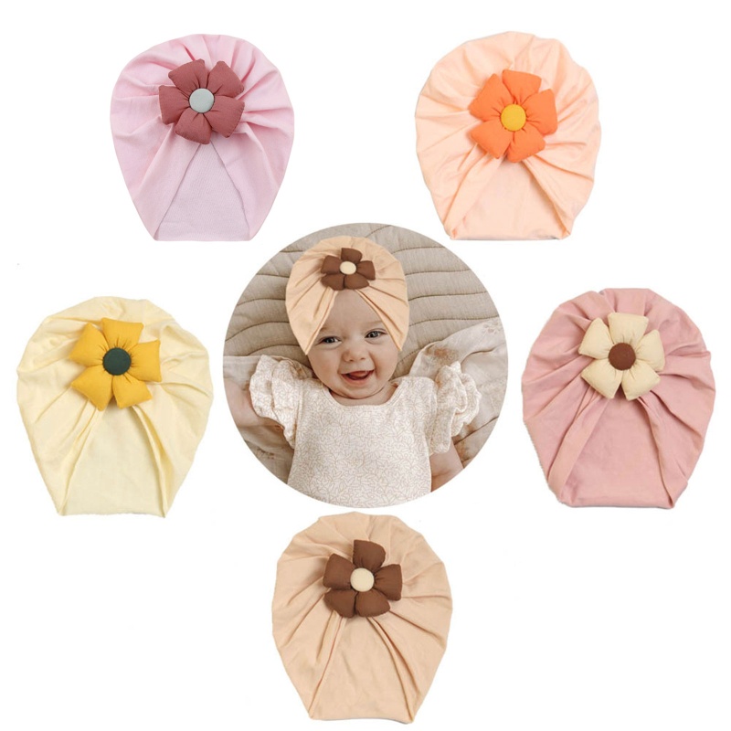 Mũ Turban Thắt Nút Co Giãn Mềm Mại Màu Trơn Họa Tiết Hoa Đáng Yêu Dành Cho Trẻ Sơ Sinh
