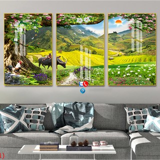 Bộ 3 Tranh Pha Lê Tráng Gương Cao cấp Đồng quê TAHD3124