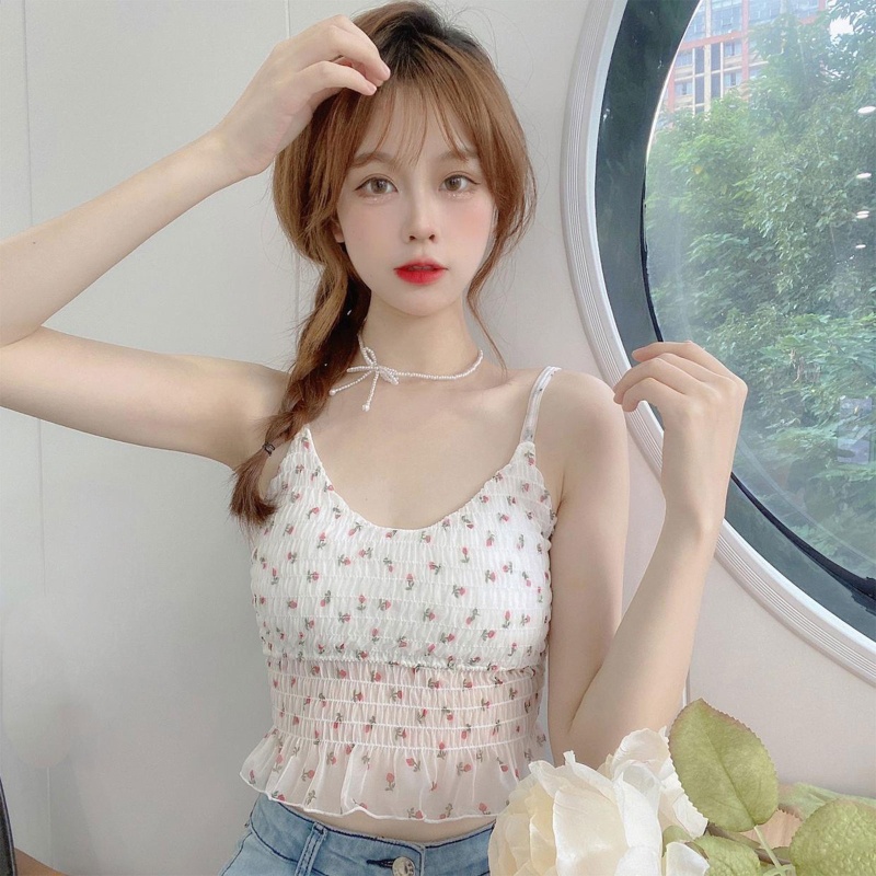 Áo Croptop Hai Dây Không Tay Cổ Chữ V Họa Tiết Hoa Có Đệm Ngực Phối Ren Slin Cho Nữ