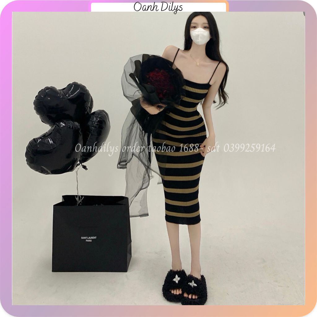váy 2 dây sexy, đầm body hai dây sọc ngang chất len dệt kim co dãn tốt hàng order Taobao nhà Oanhdilys