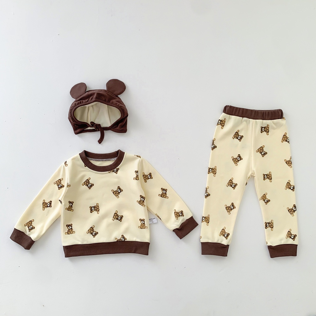 Bộ áo chui đầu + quần dài in hình gấu dễ thương cho trẻ sơ sinh