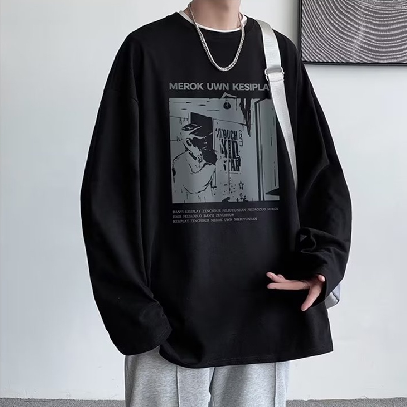 Áo Thun Tay Dài Dáng Rộng In Họa Tiết Hoạt Hình Phong Cách Hip Hop Hàn Quốc Thời Trang Cho Nam Và Nữ size M-5XL