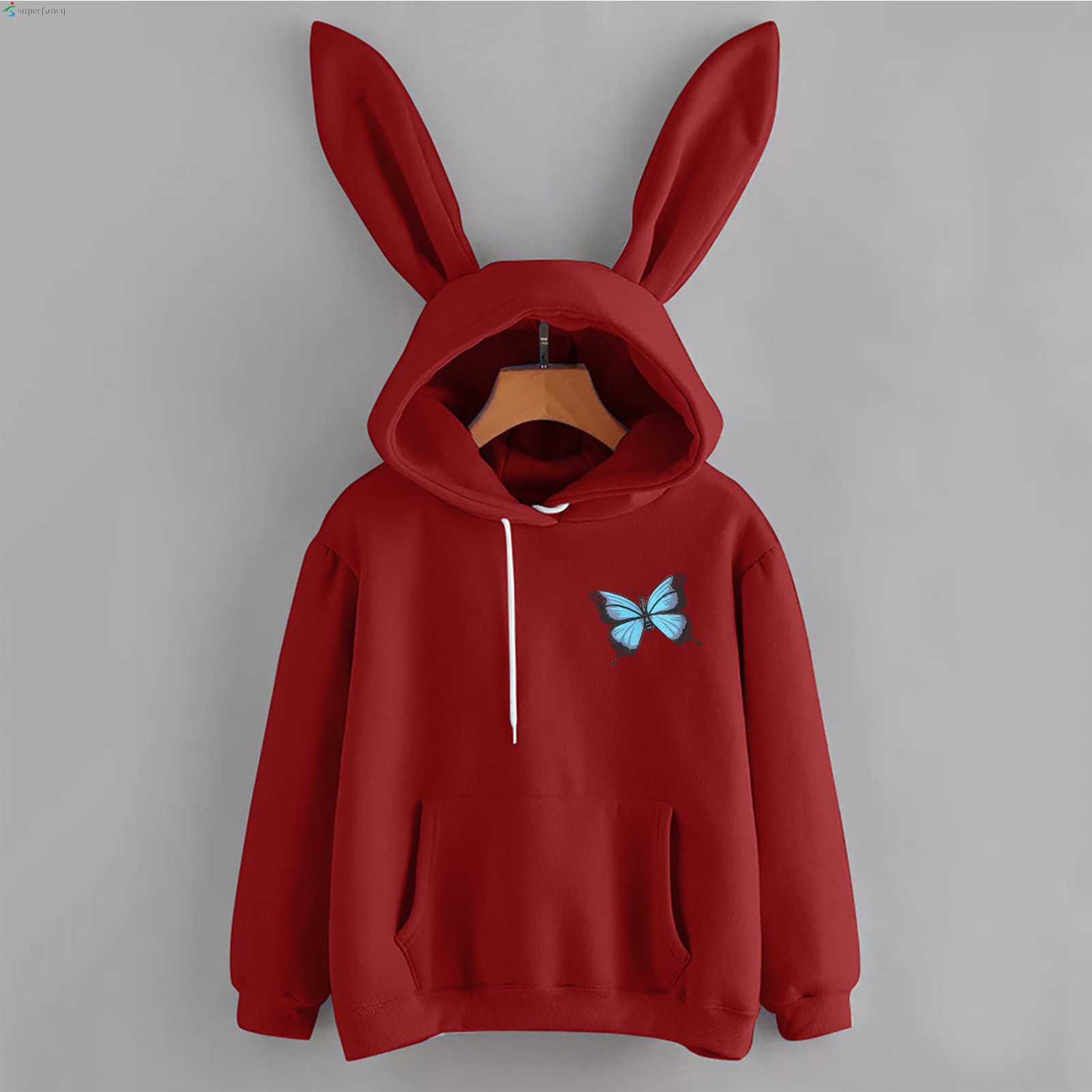 Women Long Sleeve Rabbit Hooded Sweatshirt Butterfly Print Bunny Ear Pullover Tops for Autumn Winter