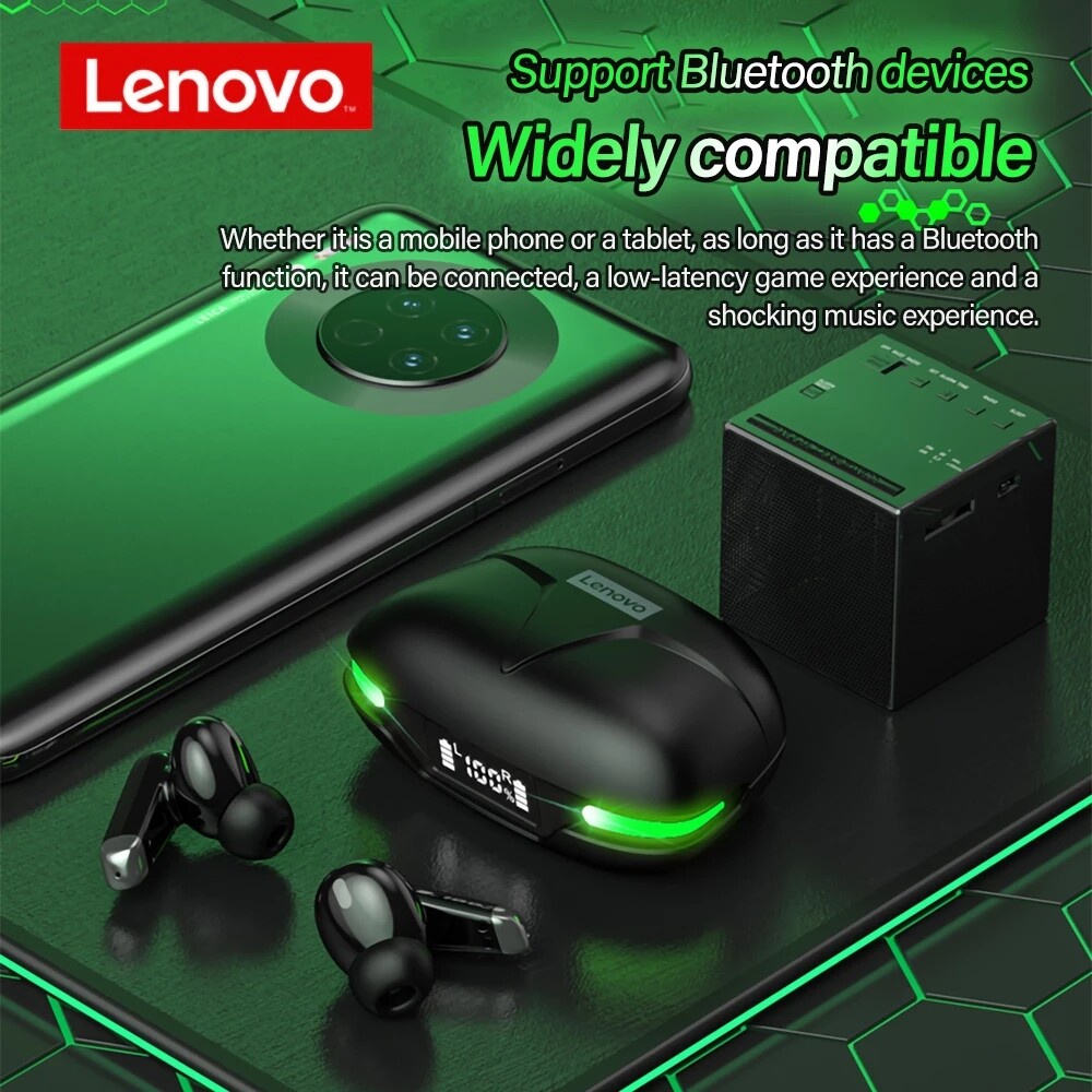 Tai nghe không dây LENOVO GM3 Bluetooth 5.0 TWS âm thanh giảm ồn HD độ trễ thấp pin trâu có micro cho chơi game thể thao