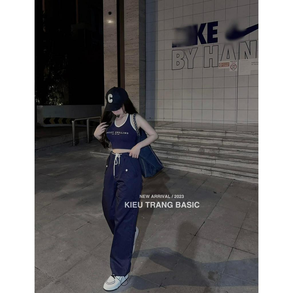 Set Bộ Đồ Nữ Áo Yếm Croptop Phối Viền Trắng SWEET Mix Quần Thun Ống Rộng Dây Rút Ống Freesize