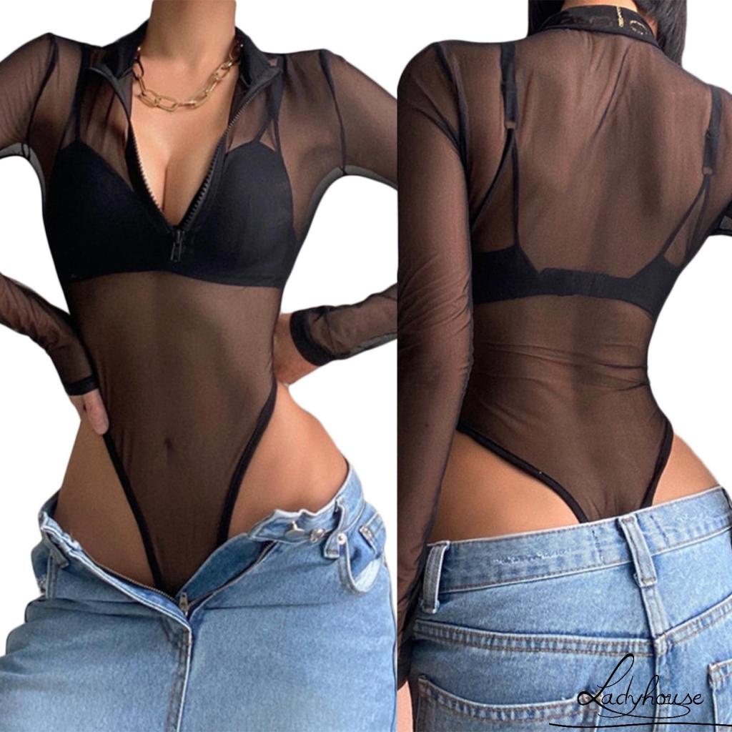 LD-Ladies Lapel Jumpsuit, Autumn Women Solid Color Mesh Perspective Long Sleeve Half Zipper Casual Bodysuit
