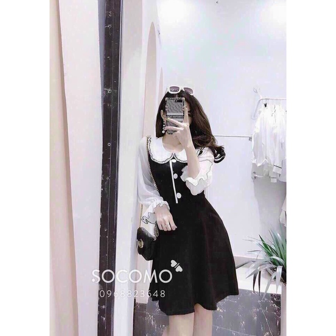 Váy đầm công sở màu đen phối tay màu trắng Linhnastore