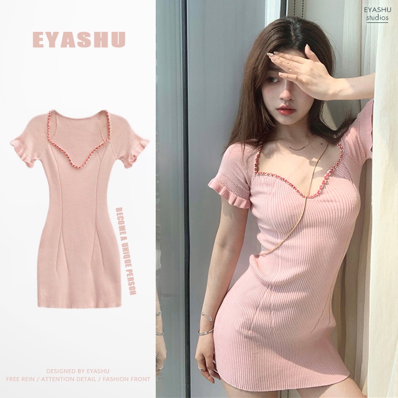 Đầm SUXI dệt kim ngắn tay màu sắc đơn giản thời trang hè cho nữ