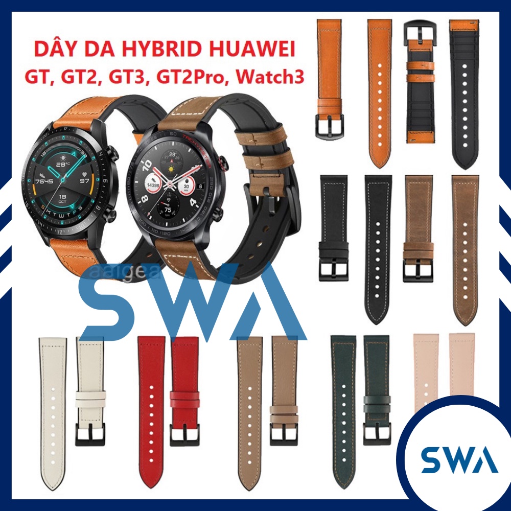 Dây da đồng hồ Huawei Watch GT GT2 GT3 GT2Pro GT3Pro Honor Magic da thật lót silicon có rãnh thoáng khí, SWASTORE DD01