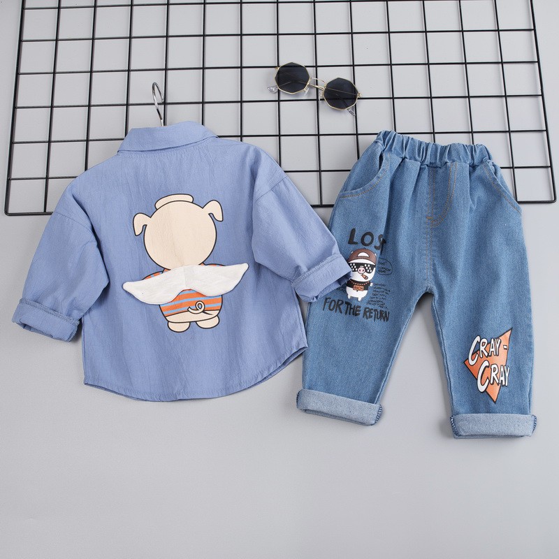 Bộ áo sơ mi dài tay họa tiết heo hoạt hình + quần denim thời trang cho bé trai 0-4 tuổi