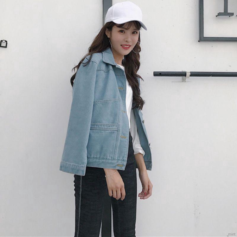 Áo khoác denim lửng dáng rộng dài tay thời trang