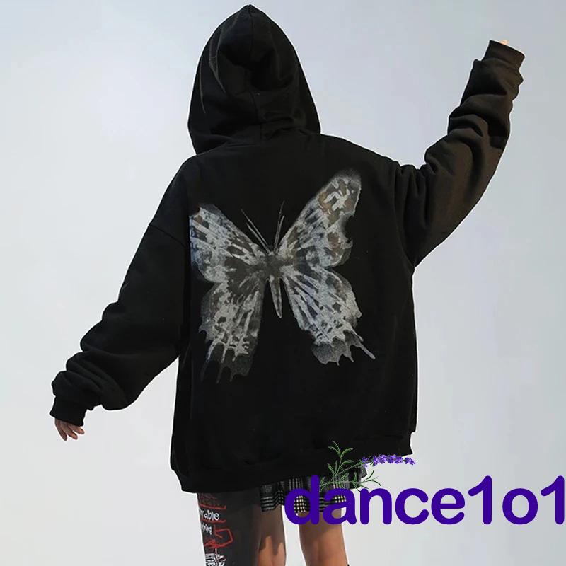Áo khoác hoodie có khóa kéo tay dài dáng rộng in họa tiết bươm bướm phong cách gothic thời trang dành cho nữ