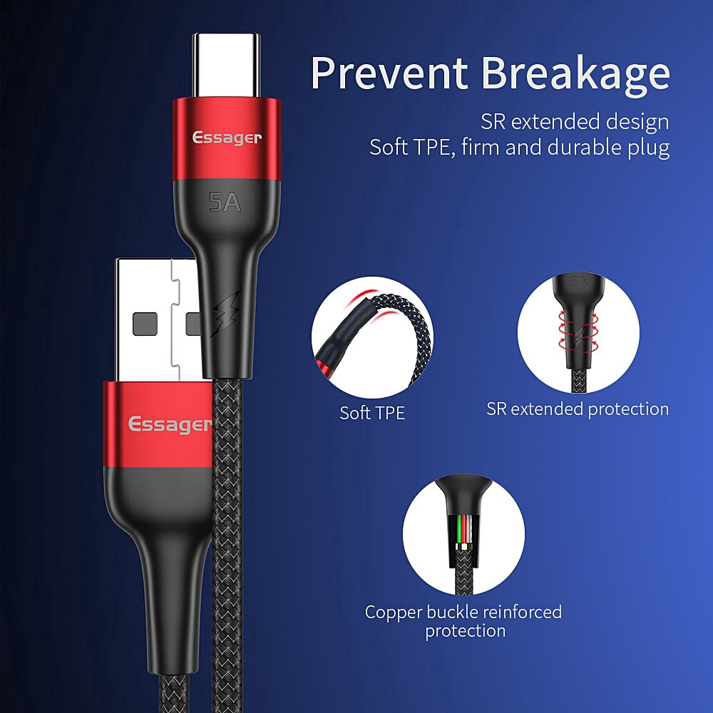 Dây cáp sạc nhanh Essager 5A USB Type C cho điện thoại Huawei Mate 20 p30 P20 Pro Lite Xiaomi Redmi Note 7