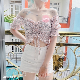 Áo Croptop Kiểu Voan Trễ Vai Dây Rút Ngực In Hoa Tay Ngắn A063