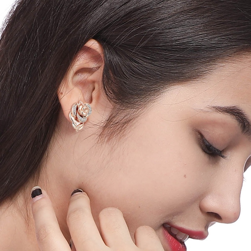 Set Trang Sức Gồm Dây Chuyền/Nhẫn/Bông Tai/Vòng Tay Mặt Hoa Hồng Đính Đá Sang Trọng Cho Nữ