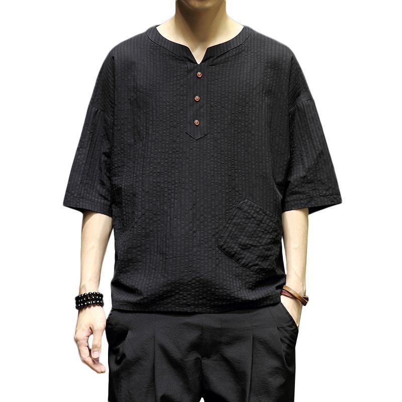 Áo Thun Cotton Lanh Tay Ngắn Dáng Rộng Họa Tiết Kẻ Sọc Phong Cách Trung Hoa Cho Nam