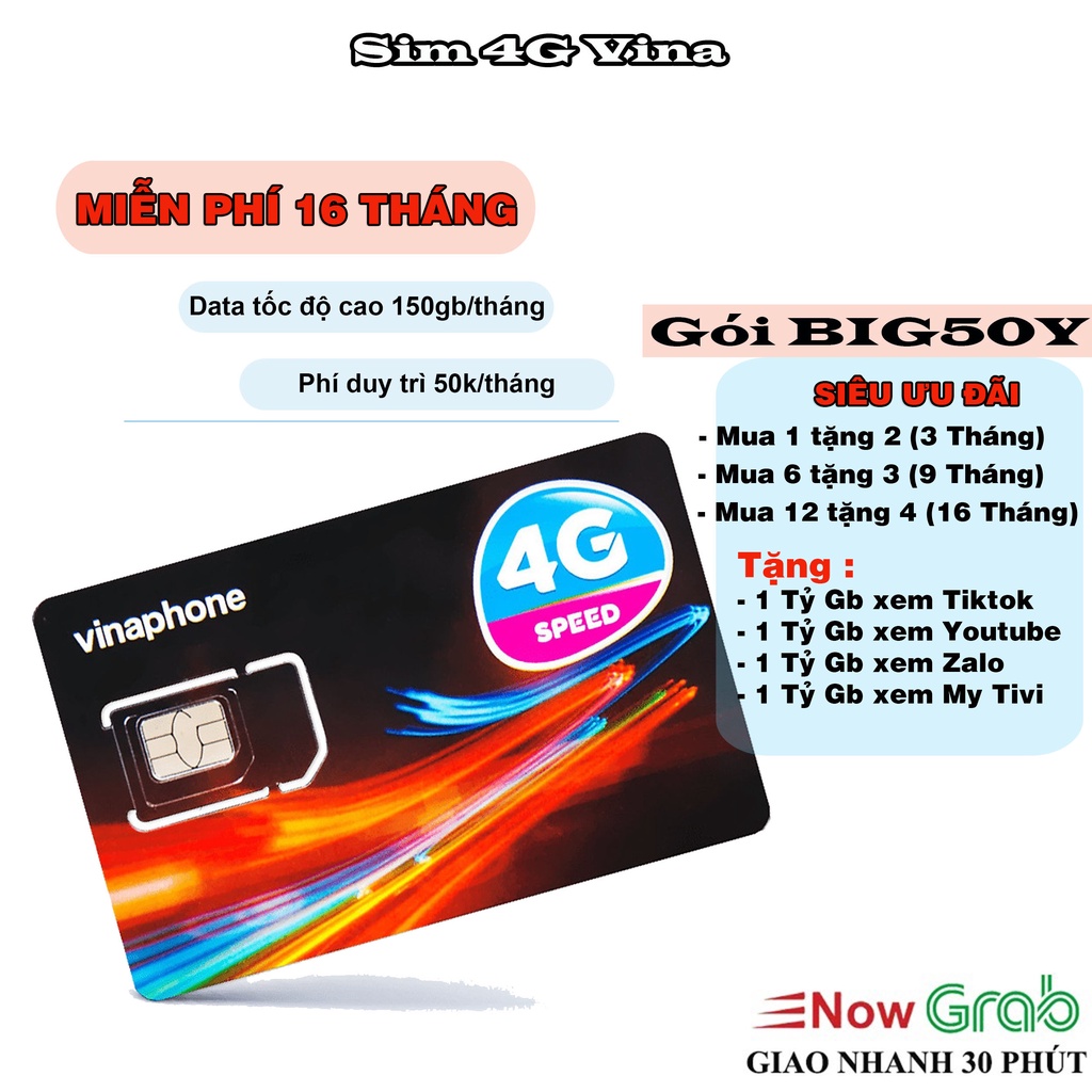 Sim 4G Vinaphone (MIỄN PHÍ 16 Tháng) Big50y tặng 5GB/ngày, duy trì 50k tháng Free tỷ Gb tiktok, youtube, zalo, my tv