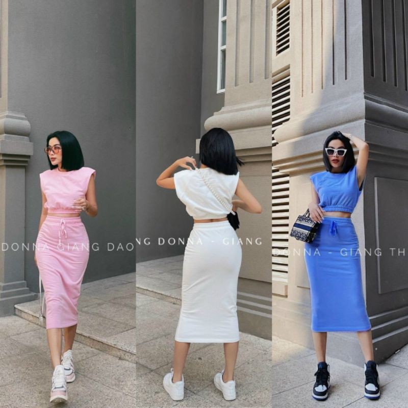 Set áo crotop bo chun và chân váy bút chì dài năng động