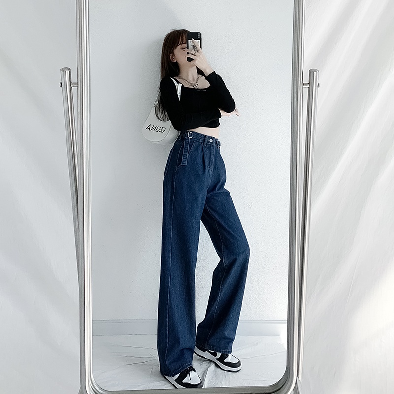 Quần jean cạp cao dáng rộng thiết kế mới thời trang phong cách Hàn Quốc