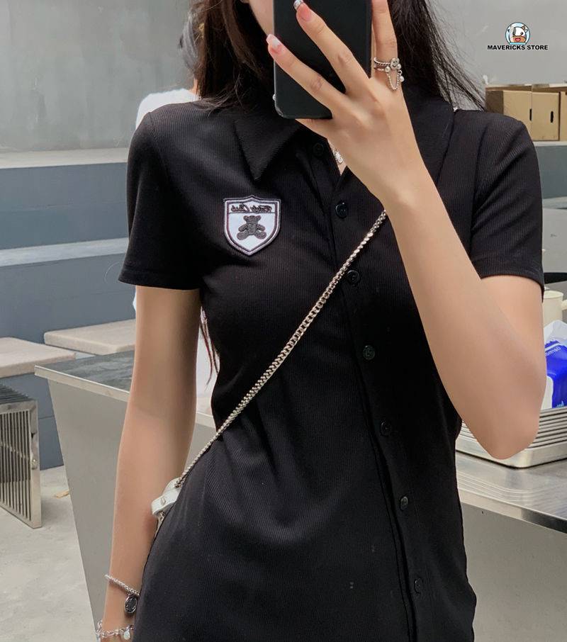 Đầm thun polo tay ngắn cổ bẻ phong cách Hàn Quốc thời trang mùa hè cho nữ