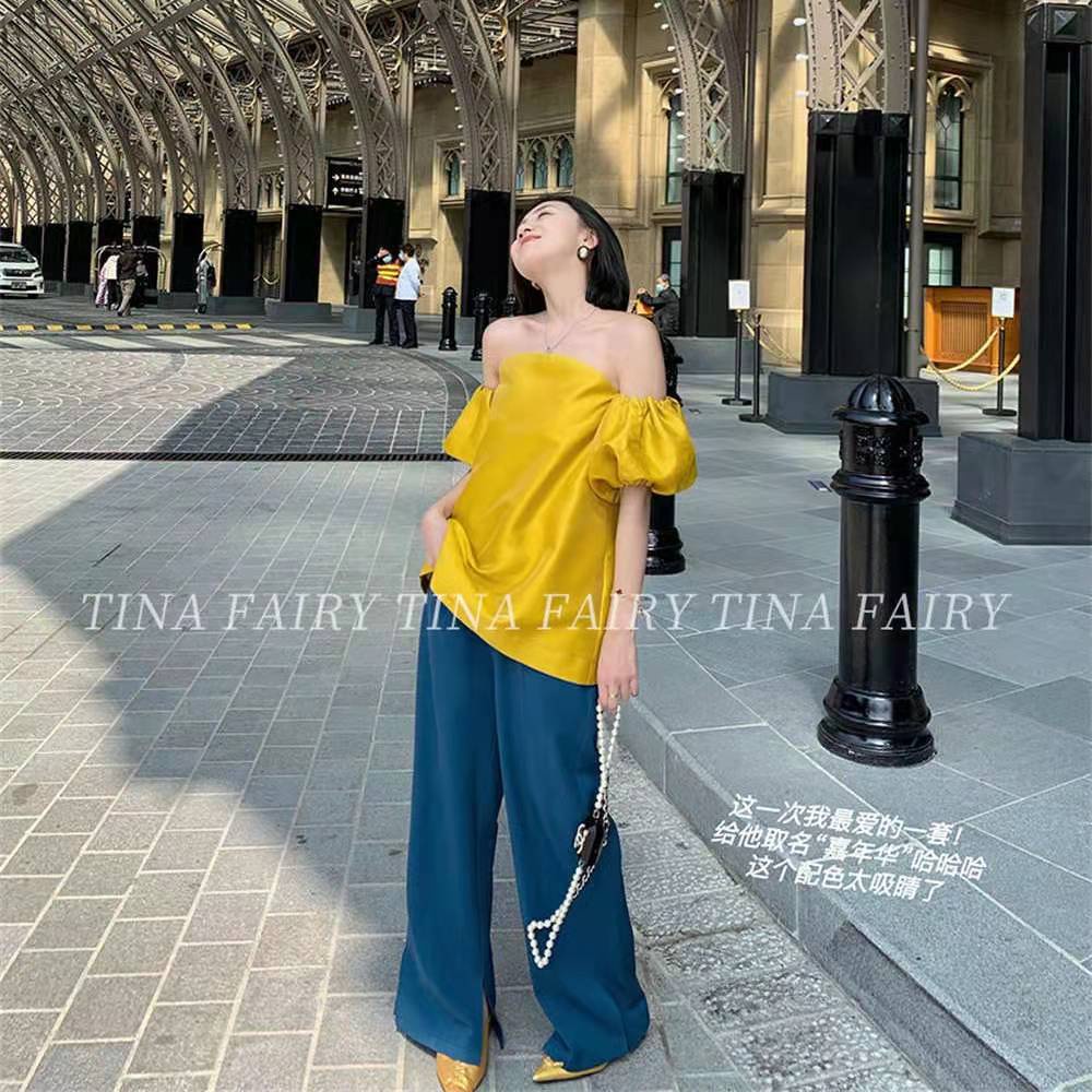 Áo kiểu trễ vai màu vàng thời trang dành cho nữ
