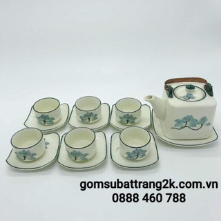 Bộ ấm chén / Bộ bình men kem vẽ sen xanh