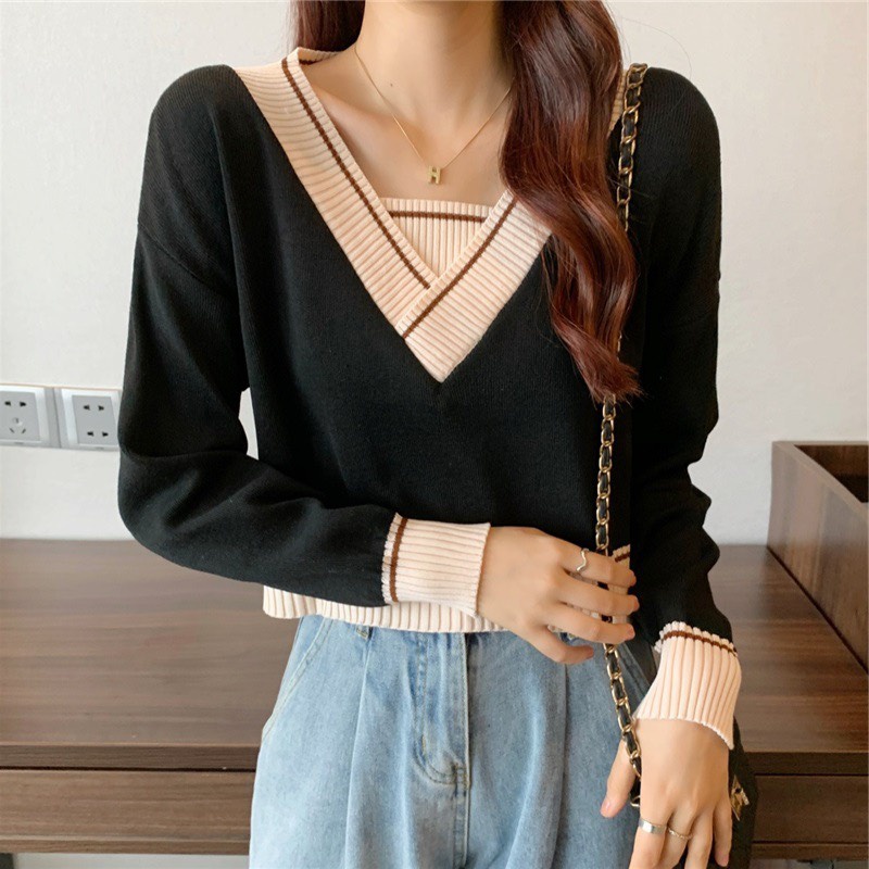 [CROPTOP] Áo Len Nữ Cổ V Dáng Ngắn Phong Cách Hàn Quốc | BigBuy360 - bigbuy360.vn