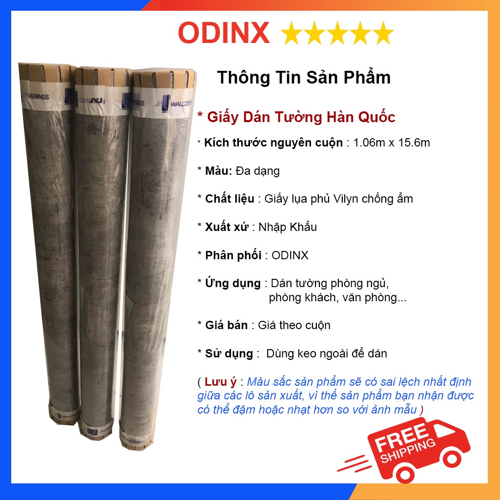 Giấy Dán Tường Giả Xi Măng Bê Tông Hàn Quốc Màu Xám Khổ Lớn 1.06m Lụa Không Keo ODINX