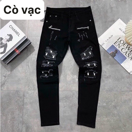 Quần Jean Vá Thỏ,Rách Khóa Gối Chất Liệu Vải Jean Co Dãn Thời Trang Nam