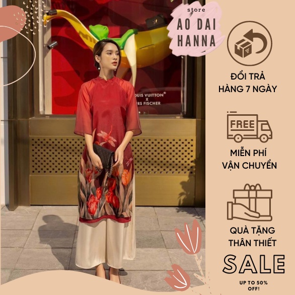 Áo dài cách tân nữ dáng suông với thiết kế 4 tà vải voan cao cấp in hình hoa A09