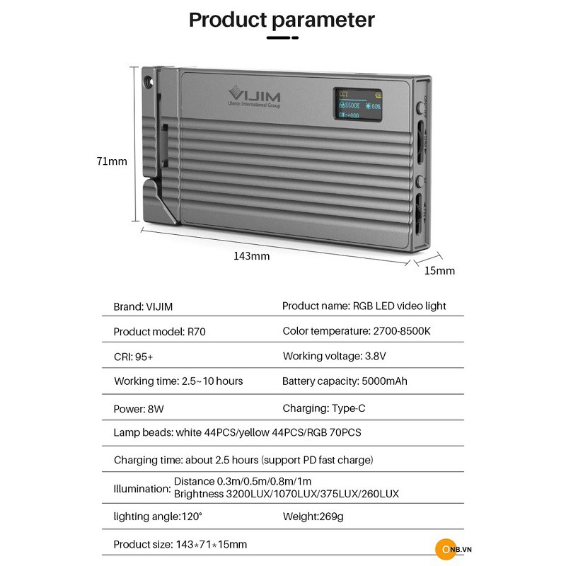 Đèn led video Ulanzi VIJIM R70 RGB - Đèn Led chỉnh màu sắc và độ K 2000-8000 dùng chụp model, sản phẩm , quay phim, vlog