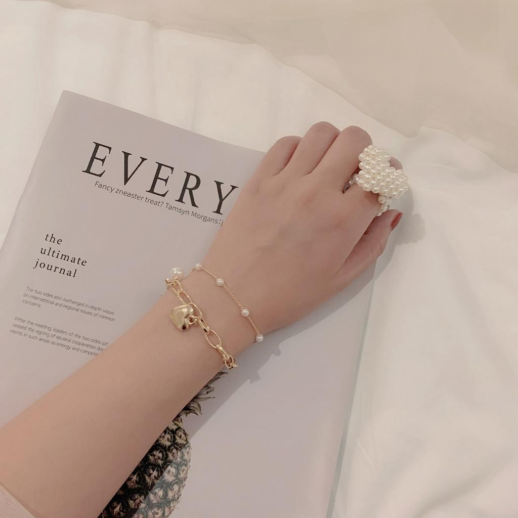 Vòng tay dây xích gắn hình trái tim và quả đào đính ngọc trai kiểu Hàn Quốc nữ tính ngọt ngào cho nữ