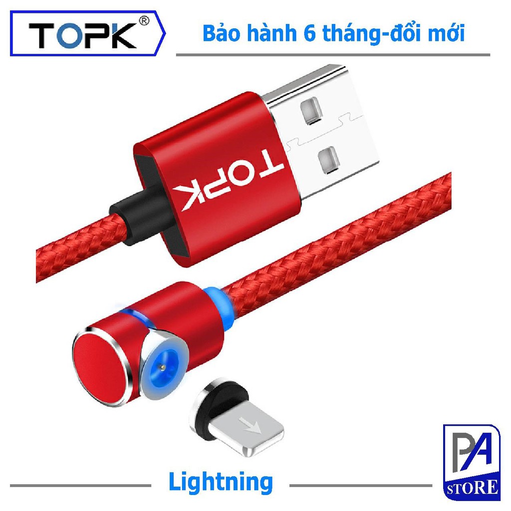 Cáp Sạc Iphone Lightning Nam châm TOPK Siêu Phong Cách, Dài 1 mét hoặc 2 mét, 90 độ Chống Vướng Tay