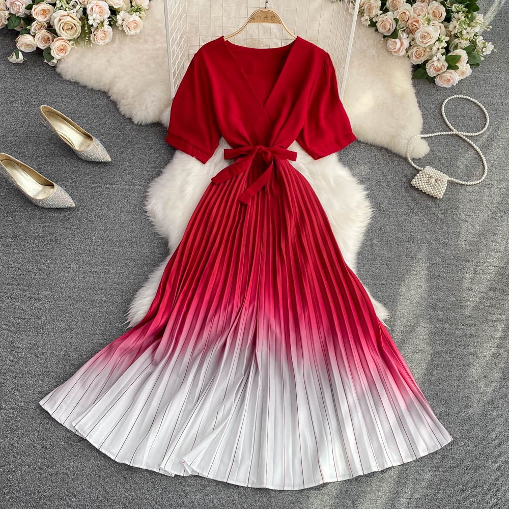 Đầm tay ngắn dáng cổ chữ V đầm xếp ly cột dây eo 6 màu freesize