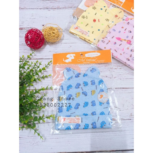 Nón Sơ Sinh / Nón Tai Gấu Hoạ Tiết Mintu 100% Cotton Co Dãn  Cho Bé