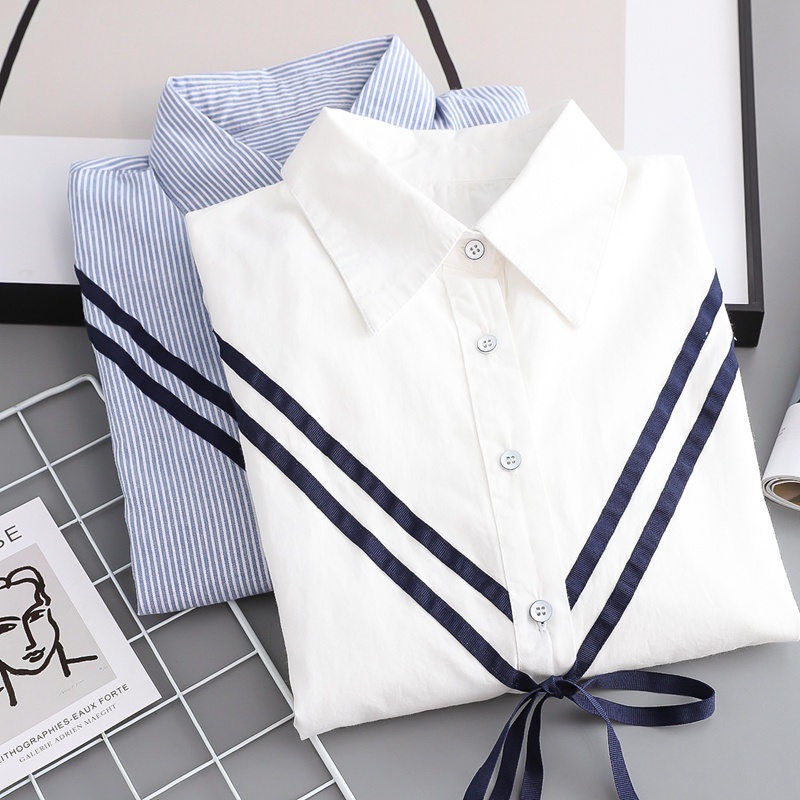 Áo sơ mi công sở kiểu dáng hàn quốc thắt nơ trẻ trung Quyên Fashion AA549 màu trắng, kẻ