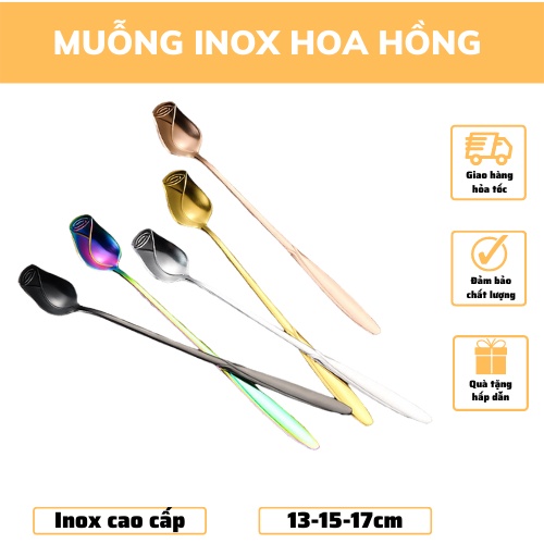 Muỗng Thìa cà phê Inox HOA HỒNG dụng cụ pha cafe trà chanh trà sữa chất liệu inox 304 sáng bóng tinh tế nhiều màu sắc