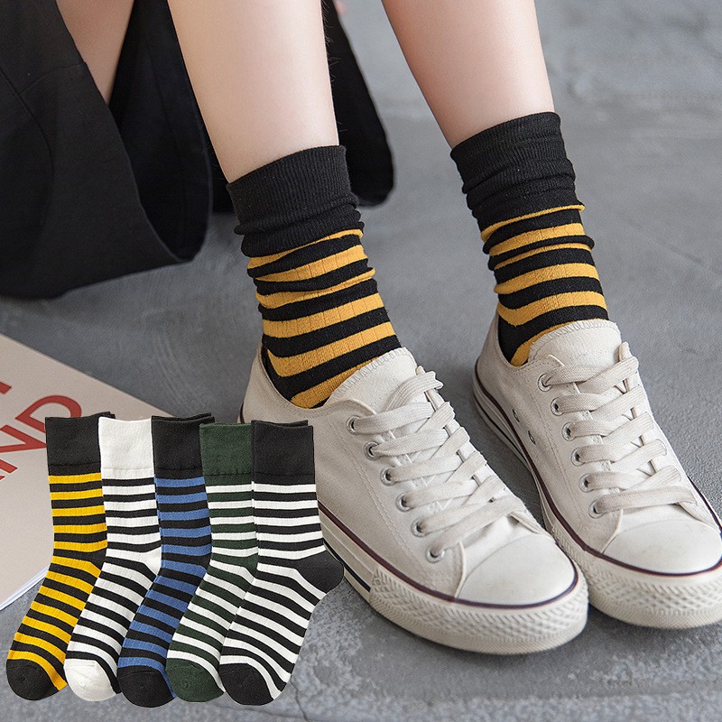 [SET 5 ĐÔI] Vớ Nữ Cổ Cao Cao Cấp Họa Tiết Sọc Ngang, Tất Nữ Cotton mềm mịn thoáng mát khử mùi