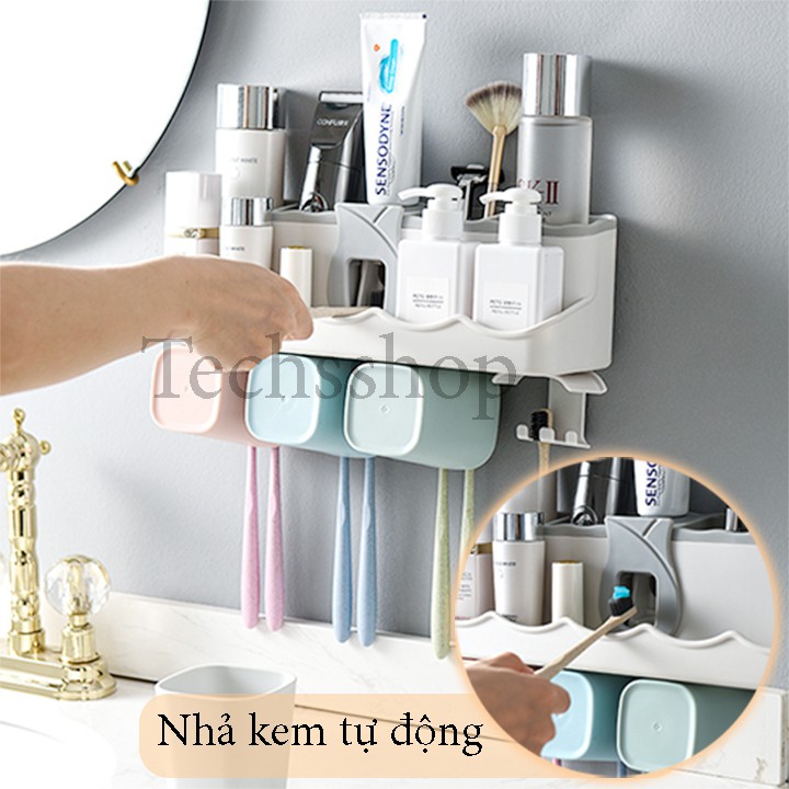 Kệ Treo Bàn Chải Đánh Răng Nhả Kem Tự Động Đán Tường Kèm 4 Ly 8204 - Kệ Nhà Tắm Để Đồ